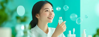 An everyday asian woman is seen happily browsing through an array of skincare products