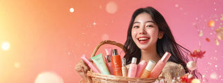 An everyday asian woman is excitedly holding a basket full of skincare products