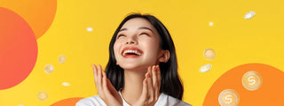 An everyday asian woman is depicted joyfully discovering skincare products
